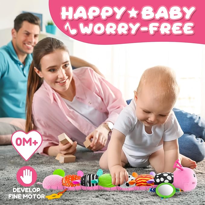 Baby Toys 0-6-12 Months,Musical Caterpillar Stuffed Animals Activity Infant Toys with Crinkle,Rattles,Mirror&amp;Pull String,Muti-Sensory Toys Gifts for Newborn Tummy Time,Candy Pink|Leafy