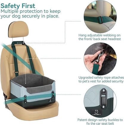 A 4 Pet Dog Car Seats for Small Dogs, Booster Car Seat with Patent Buckles &amp; Clip-On Safety Leash, Pet Seat for Puppy Small Dogs Cats Under 25 Lbs, Green