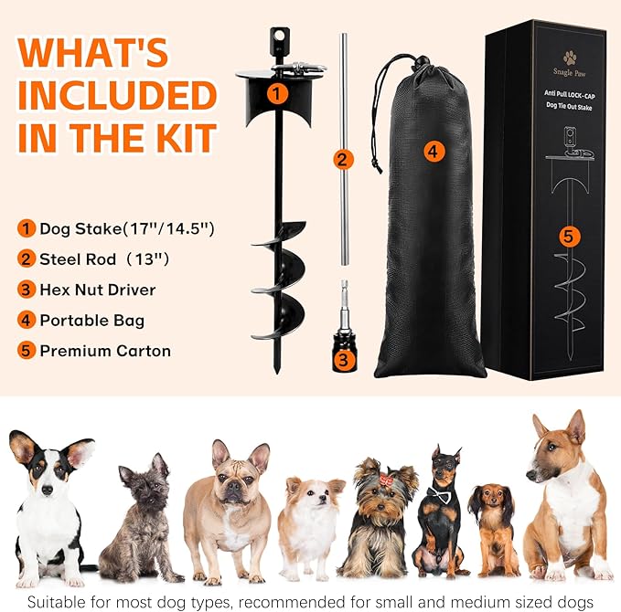 Snagle Paw Dog Tie Out Stake with Lock-Cap Prevents Pulling Out - Heavy Duty 360°Swivel Dog Stake for Outside,Yard, Beach &amp; Camping - Rust Proof Ground Anchor for Dog Cable,Leash,Tether,up to 220 lbs