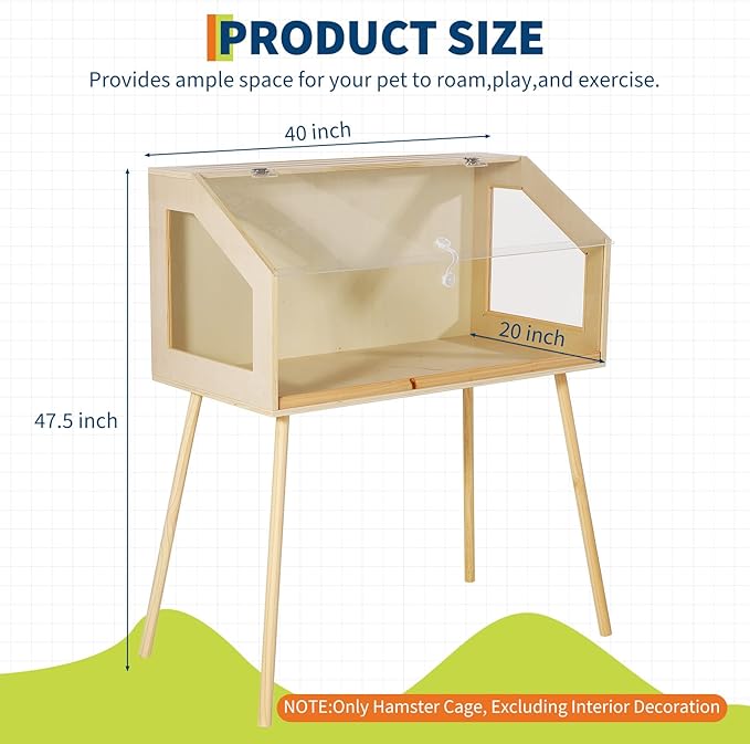 Wooden Hamster Cage with Legs, 40" l x 20" w x 47.5" h Guinea Pig Cages Chew Proof,Large Hamster Habitats Enclosure with Acrylic Window &amp; Openable Top for Guinea Pig, Chinchilla, Gerbil