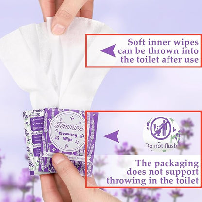 Tondiamo 200 Pcs Feminine Wet Wipes for Women Individually Wrapped Flushable Wipes Travel Size Soothing Personal Wipe Cleansing Natural Ingredients for Feminine Daily Use(Lavender)