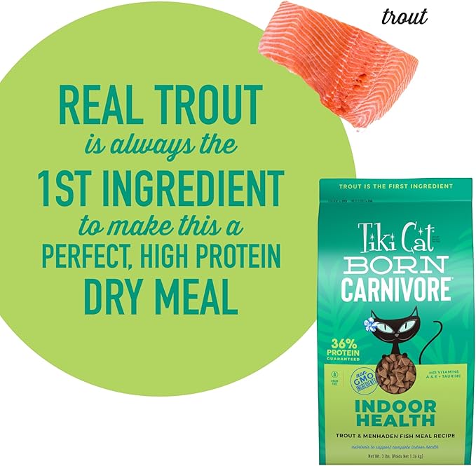 Tiki Cat Born Carnivore Indoor Health Dry Cat Food, Trout &amp; Menhaden Fish Meal, 3 lbs. Bag