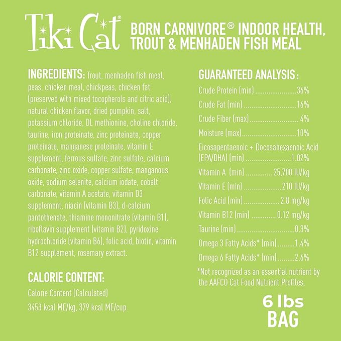 Tiki Cat Born Carnivore Indoor Health, Trout &amp; Menhaden Fish Meal, Grain-Free Baked Kibble to Maximize Nutrients, Dry Cat Food, 6 Lbs. Bag
