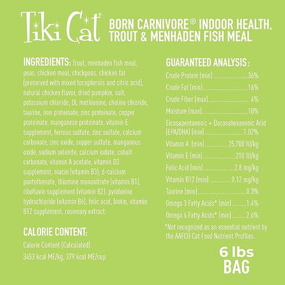 Tiki Cat Born Carnivore Indoor Health, Trout &amp; Menhaden Fish Meal, Grain-Free Baked Kibble to Maximize Nutrients, Dry Cat Food, 6 Lbs. Bag
