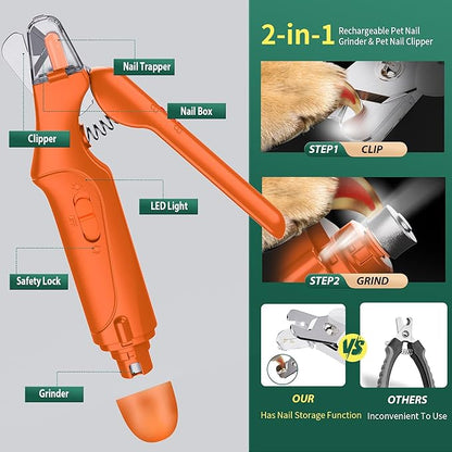 2 in 1 Dog Nail Clippers &amp; Cat Nail Clippers Trimmers for Large Medium Small Dogs Cats Claw Trimmer Quick Sensor and Safety Guard USB Rechargeable Dogs Nail Trimmer with Catcher &amp; 2 LED Lights