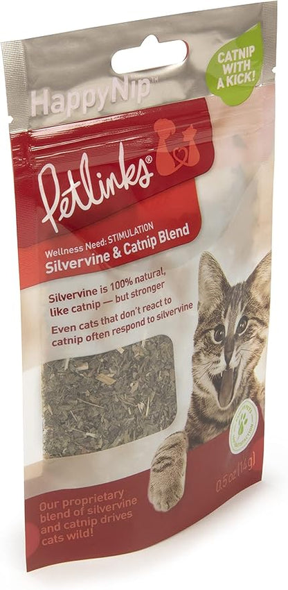 Petlinks HappyNip Catnip &amp; Silvervine Blend for Cats &amp; Kittens, Highly Potent Stimulant/Attractant, Great for Finicky Felines, Resealable Pouch - 0.5 oz