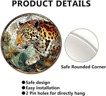 Lygond Metal Sign Tin Sign Circular Stained Glass Leopard Vintage Metal Sign for Gift 12×12 Inches