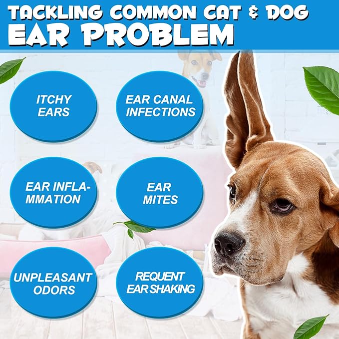 Dog Ear Infection Treatment, Cat &amp; Dog Ear Cleaner for Itchy Relief, Antiseptic,Waxing,Cleansing, Ear Mite Treatment for Dog Cats, Yeast Ears Infection Treatment for Dogs, 2.02fl.oz