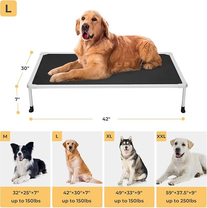 Veehoo Chewproof Elevated Dog Bed - Cooling Raised Pet Cot, Breathable Mesh, Washable &amp; Non-Slip for Large Dogs, Indoor/Outdoor, Black Mat and Silver Metal Frame, 42x30inches (Model CWC2203B03)