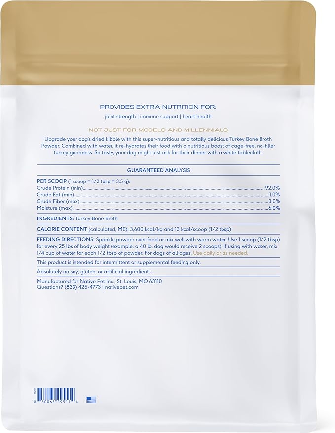 Native Pet Bone Broth for Dogs and Cats - Turkey Bone Broth Powder Dog Food Toppers for Picky Eaters - Provides Extra Nutrition for Joint Strength, Immune Support &amp; Heart Health - 192 Scoops
