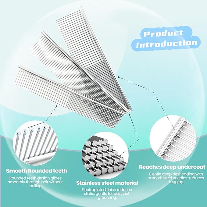 [3 Pack] Stainless Steel Pet Comb Set – Grooming Combs for Dogs &amp; Cats, Large Medium Small Sizes – for Long, Short, Curly Hair, Detangling Matted or Knotted Undercoat Hair
