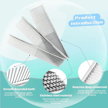 [3 Pack] Stainless Steel Pet Comb Set – Grooming Combs for Dogs &amp; Cats, Large Medium Small Sizes – for Long, Short, Curly Hair, Detangling Matted or Knotted Undercoat Hair
