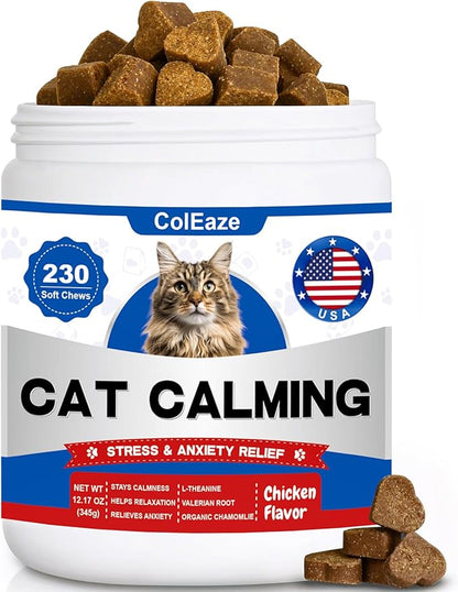 Calming Chews for Cats, Cat Calming Treats - Cat Anxiety Relief, Helps Reduce Stress &amp; Promotes Relaxation for Travel, Boarding, Vet Visits, Separation Anxiety - Chicken (230 Soft Chews)