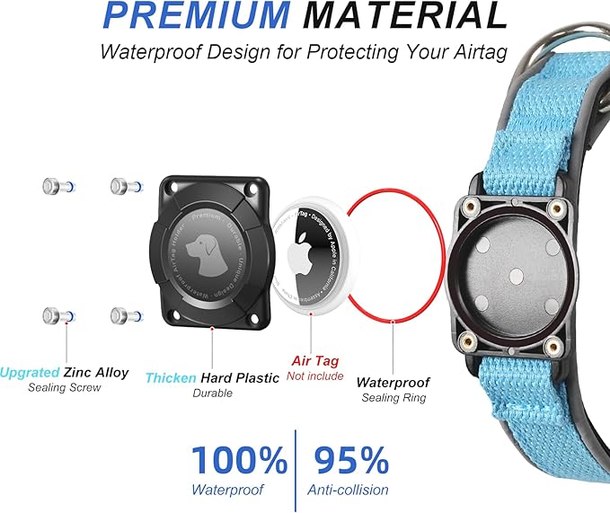 Waterproof Airtag Dog Collar - Nylon Collar with Durable Airtag Holder, Reflective&amp;Anti-Lost with Safety Metal Buckle, Soft Padded Adjustable for Small Medium Large Dogs Blue L