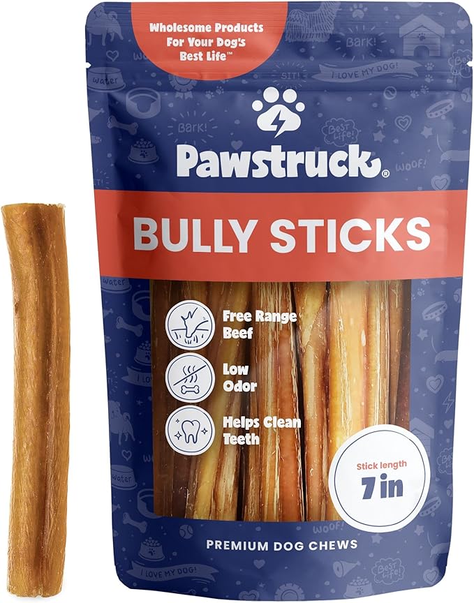 Pawstruck All-Natural 7" Bully Sticks for Dogs - Long Lasting, Rawhide-Free, Low Odor &amp; Grain-Free Dental Chew Treat - Healthy Single Ingredient, 100% Real Beef - 1 lb Bag