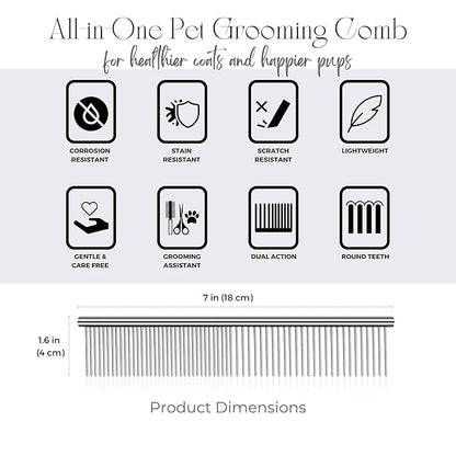 Flexzion Pet Grooming Comb Stainless Steel Cats Dogs Puppy Medium Animals Hair Fur Trimmer Deshedding Brush Accessory Tool with Smooth Teeth Needle Durable Lightweight