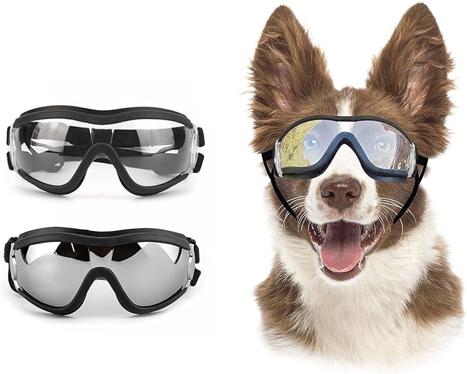 Pack of 2 Dog Goggles Dog Sunglasses for Medium to Large Breed Anti-UV Eye Protection with Adjustable Straps- Silver &amp; Transparent
