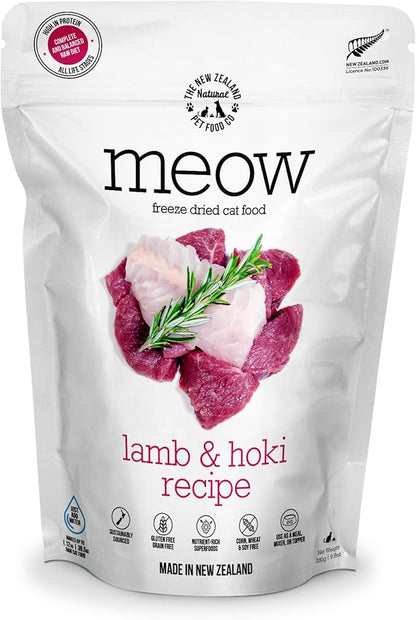 Meow Lamb &amp; Hoki Freeze Dried Raw Cat Food, Mixer, or Topper, or Treat - High Protein, Natural, Limited Ingredient Recipe 9.9 oz