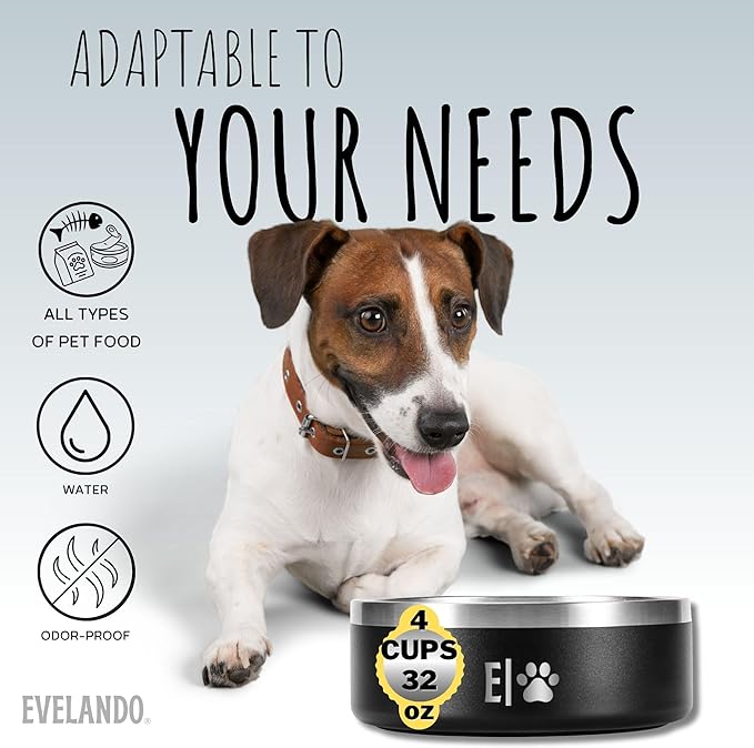 EVELANDO® Premium Dog Food Bowl 32 oz Stainless Steel 4 Cups Small Medium Dog Bowls Non Slip &amp; BPA-Free S M L Pet Water Bowl Platos para Perros Indoor Outdoor Pet Dish Feeder Water and Food Dish