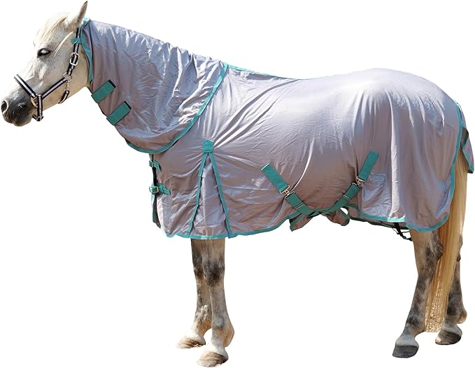 Horse Fly Sheet with Detachable Neck Cover &amp; Belly Wrap, Adjustable Fly Sheet for Horses, Ventilated Airflow Mesh Equine Cooling Summer Flysheet Grey 66