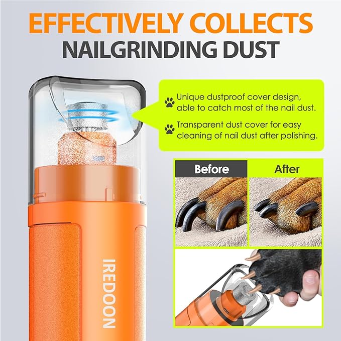 Dog Nail Grinder Upgraded - Professional 3-Speed Super Quiet and Low Vibration Electric Pet Nail Grinder with 4 LED Lights - Painless Paws Grooming &amp; Smoothing for Small to Large Dogs (Orange)