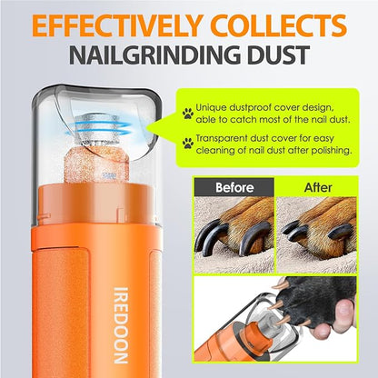 Dog Nail Grinder Upgraded - Professional 3-Speed Super Quiet and Low Vibration Electric Pet Nail Grinder with 4 LED Lights - Painless Paws Grooming &amp; Smoothing for Small to Large Dogs (Orange)