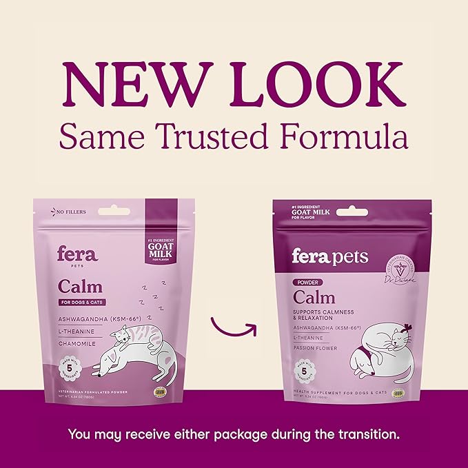 Fera Pets Goat Milk - Calming Supplement for Dogs &amp; Cats - Ashwagandha, L-Theanine, &amp; Passion Flower - Supports Anxiety Relief &amp; Relaxation - for Picky Eaters - 60 TSP