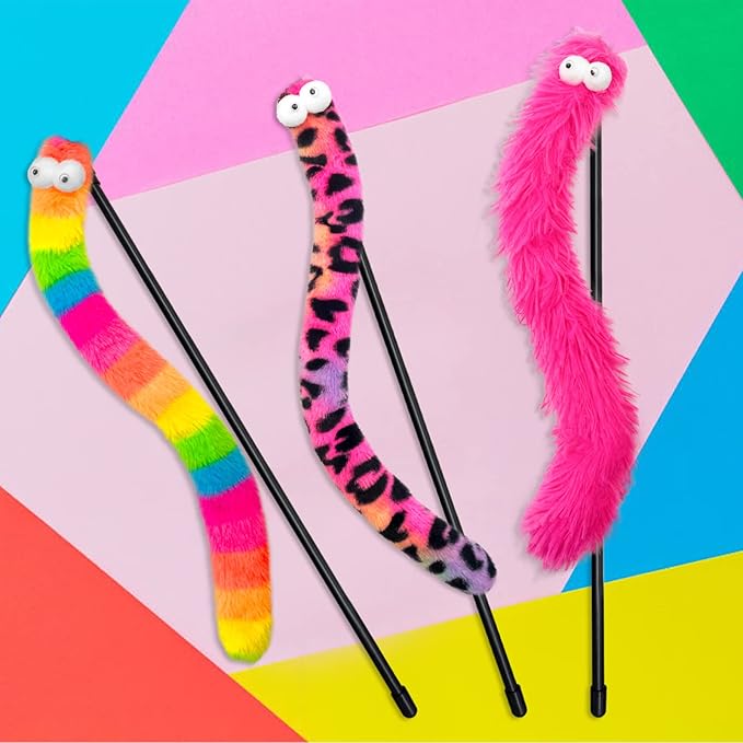 3 Pack Cat Wand Toy, Rainbow Cat Feather Toys with Bells, Teaser Wand with Soft Furry Tail, Interactive Toys for Indoor Cats &amp; Kitten &amp; Kitty