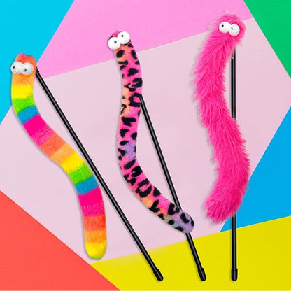 3 Pack Cat Wand Toy, Rainbow Cat Feather Toys with Bells, Teaser Wand with Soft Furry Tail, Interactive Toys for Indoor Cats &amp; Kitten &amp; Kitty