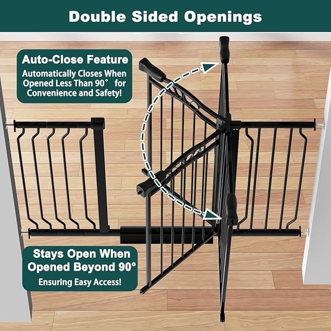 29.53"-43.30" Mornyray Auto-Close Baby Gate Extra Wide, Pressure Mounted Dog &amp; Pet Gate for Stairs Doorways, No Drill Safety Barrier with Lace Design, Metal Child Proof Gate Indoor Outdoor, Black