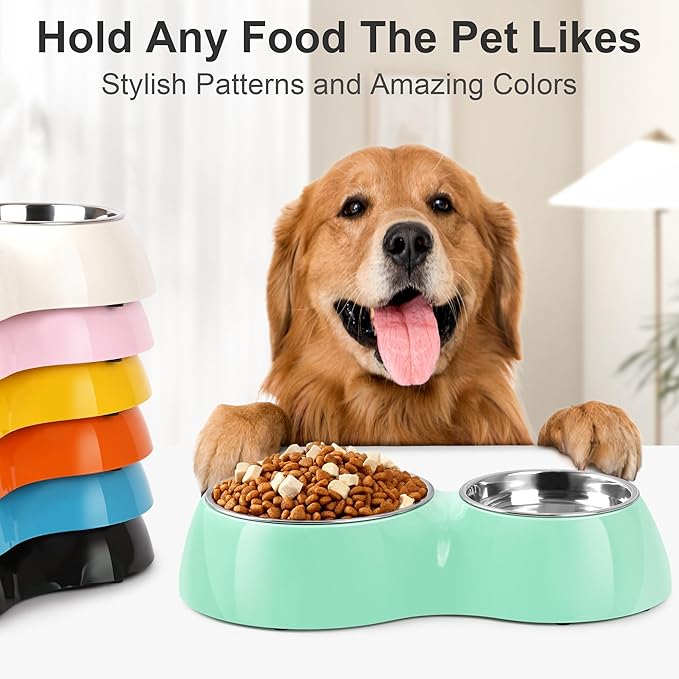 Elevated Dog Bowls Set - Non-Slip Raised Pet Feeder with Medium (2 Cups) &amp; Large (4 Cups) Stainless Steel Bowls - Includes Durable Resin Stand for Puppies, Adult Dogs &amp; Cats - Green