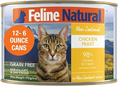 Feline Natural New Zealand Canned Catfood Wet Food, High-Meat, Low-Carb, &amp; Grain Free Cat Food Wet, Chicken Feast, 6 oz, Pack of 12