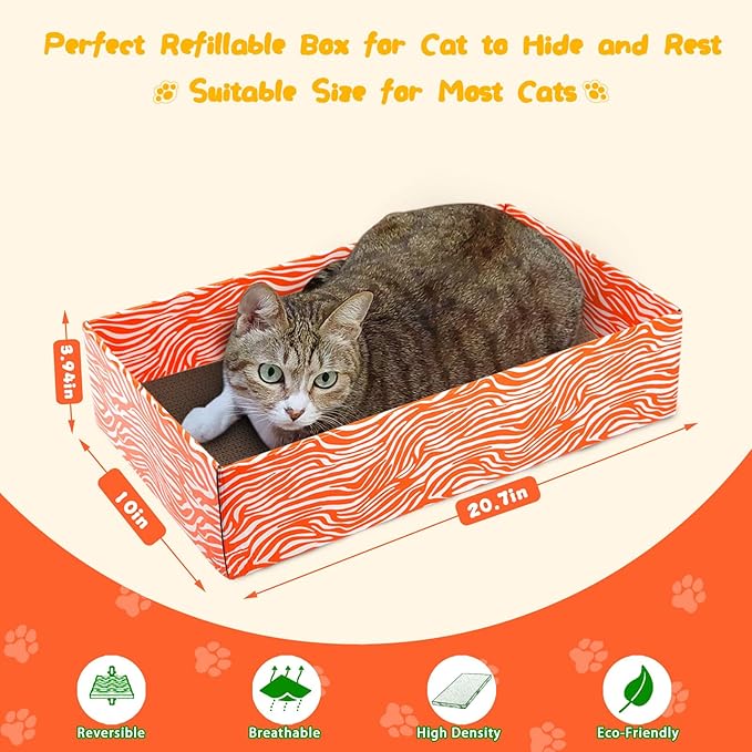 Cat Scrather Box with 4 pcs Large Scratching Cardboard and Toy Ball, Catnip, 4 in 1 Large Refillable &amp; Reversible Cat Scratcher Pad, Cardboard Cat Bed for Big Medium Small Lazy Kitty
