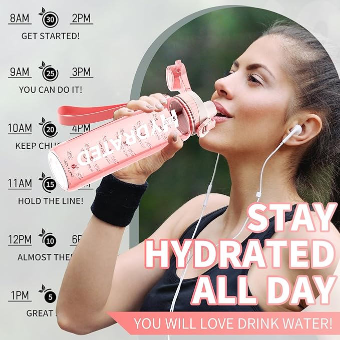 Water Bottle, 32 oz Motivational Water Bottles with Time Marker-Tritan &amp; BPA Free, Sports Water Bottle with Time to Drink &amp; Strap, Wide Mouth, Leakproof -Gift for Christmas Gym Fitness &amp; Outdoor