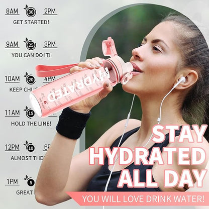 Water Bottle, 32 oz Motivational Water Bottles with Time Marker-Tritan &amp; BPA Free, Sports Water Bottle with Time to Drink &amp; Strap, Wide Mouth, Leakproof -Gift for Christmas Gym Fitness &amp; Outdoor