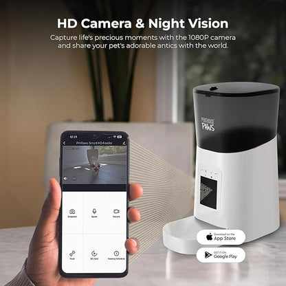 Smart HD Cat Feeder, 2 Way Audio + Voice Recording, Automatic Feeder for Dog with 1080p Night Vision Camera, WiFi App Controlled, Battery Backup, Anti Jam 6L Upto 15 Daily Meals, White