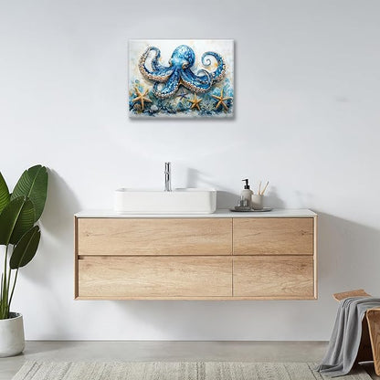 Octopus Bathroom Pictures Wall Art, Sea Animal Ocean Bathroom Wall Decor, Nautical Framed Painting Canvas Artwork for Bedroom Living Room Decorations 16"L x 12"W