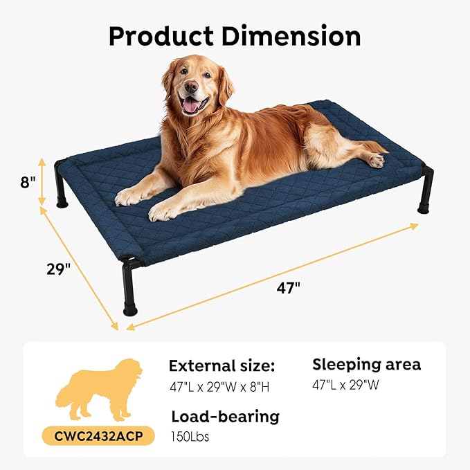Veehoo Soft Plush Elevated Dog Bed, Raised Dog Beds with Heavy Duty Frame, Non-Slip Silicon Feet, Washable &amp; Breathable Pet Cot for Indoor or Outdoor Use, 47" x 29", Navy Blue, CWC2432A