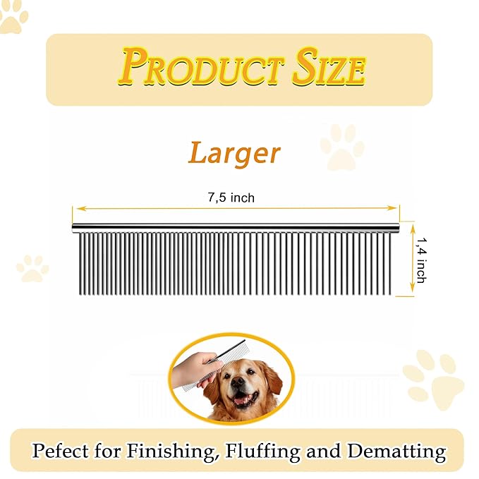 Dog Comb and Cat Combs Stainless Steel Teeth, Grooming Tool for Long &amp; Short Hair, Dematting Comb for Dogs, Removes Tangles &amp; Knots (Large Silver)