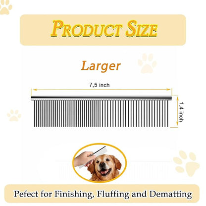 Dog Comb and Cat Combs Stainless Steel Teeth, Grooming Tool for Long &amp; Short Hair, Dematting Comb for Dogs, Removes Tangles &amp; Knots (Large Silver)