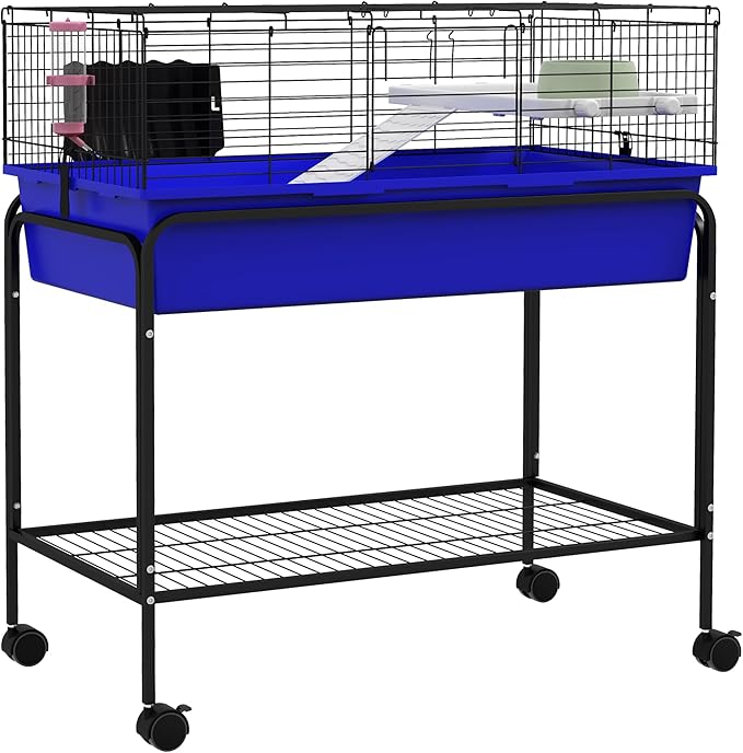 PawHut Two-Story Small Animal Cage Removable from Stand, Guinea Pig Cage with Shelf &amp; Wheels, Pet Habitat for Hedgehog, Chinchilla, Ferret, 33" x 18.5" x 35", Blue