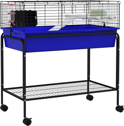 PawHut Two-Story Small Animal Cage Removable from Stand, Guinea Pig Cage with Shelf &amp; Wheels, Pet Habitat for Hedgehog, Chinchilla, Ferret, 33" x 18.5" x 35", Blue