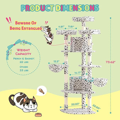 SHA CERLIN 73in Fan-Shaped Corner Cat Tower for Save Space/Multi-Level Tall Tree for Indoor Kitties/Condo with Baskets/Cozy Perches/Sisal Scratching Posts/Pet Activity House/White &amp; Black Spot
