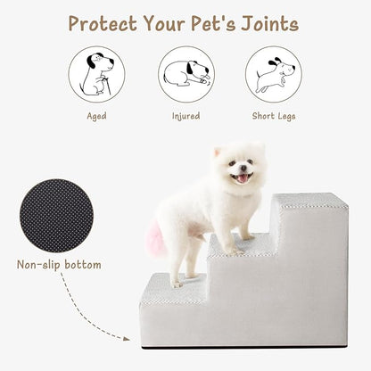 Dog Stairs for Small Dogs &amp; Cats, 3-Step Extra Wide Non-Slip Pet Steps for Couch Sofa and Chair, Light Grey, 15.7" H