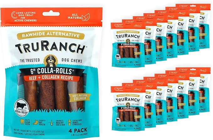 Collagen Rolls - 6" Collagen Rolls for Dogs - Long Lasting Healthy Joint Support - Rawhide Alternative - Skin &amp; Coat Health - Made with Real Beef, Value Pack, 15 Bags, 60 Count