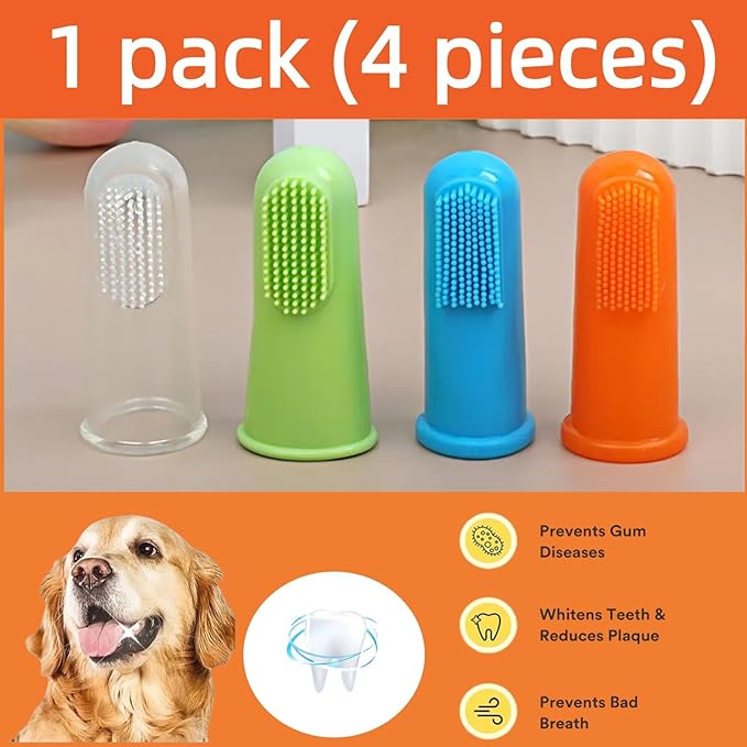 4 Pack Pet Tooth Brushing Kit – Extra Soft Finger Toothbrushes for Cats &amp; Dogs Gentle Plaque &amp; Tartar Removal, Freshens Breath Pain-Free Teeth Cleaning for Small to Large Pets