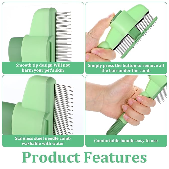 Flea Comb for Cats Dogs Brush for Shedding with Release Button Fine Tooth Pet Hair Removal Comb with Long &amp; Short Stainless Steel Teeth for Deshedding Self-Cleaning Brush for Cat Dog Small Pets