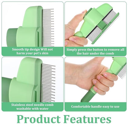 Flea Comb for Cats Dogs Brush for Shedding with Release Button Fine Tooth Pet Hair Removal Comb with Long &amp; Short Stainless Steel Teeth for Deshedding Self-Cleaning Brush for Cat Dog Small Pets