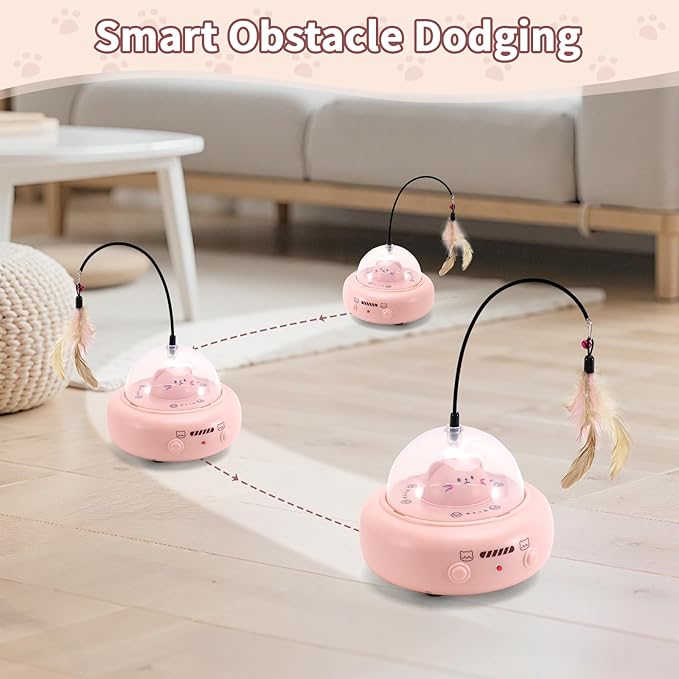 Automatic Cat Toys with Feathers, Interactive Cat Toy for Indoor Exercise, Rechargeable Teasing Toys for Indoor Cats, USB Powered, Smart Standby&amp;Obstacle Avoidance(Pink)