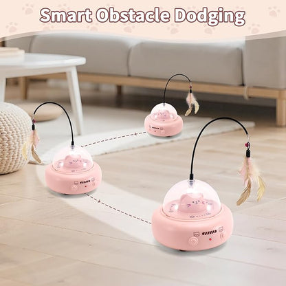 Automatic Cat Toys with Feathers, Interactive Cat Toy for Indoor Exercise, Rechargeable Teasing Toys for Indoor Cats, USB Powered, Smart Standby&amp;Obstacle Avoidance(Pink)